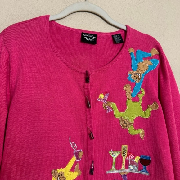 CHRISTINA ROTELLI Vintage Pink Cardigan Sweater Monkeys Martinis Size L - Picture 4 of 16